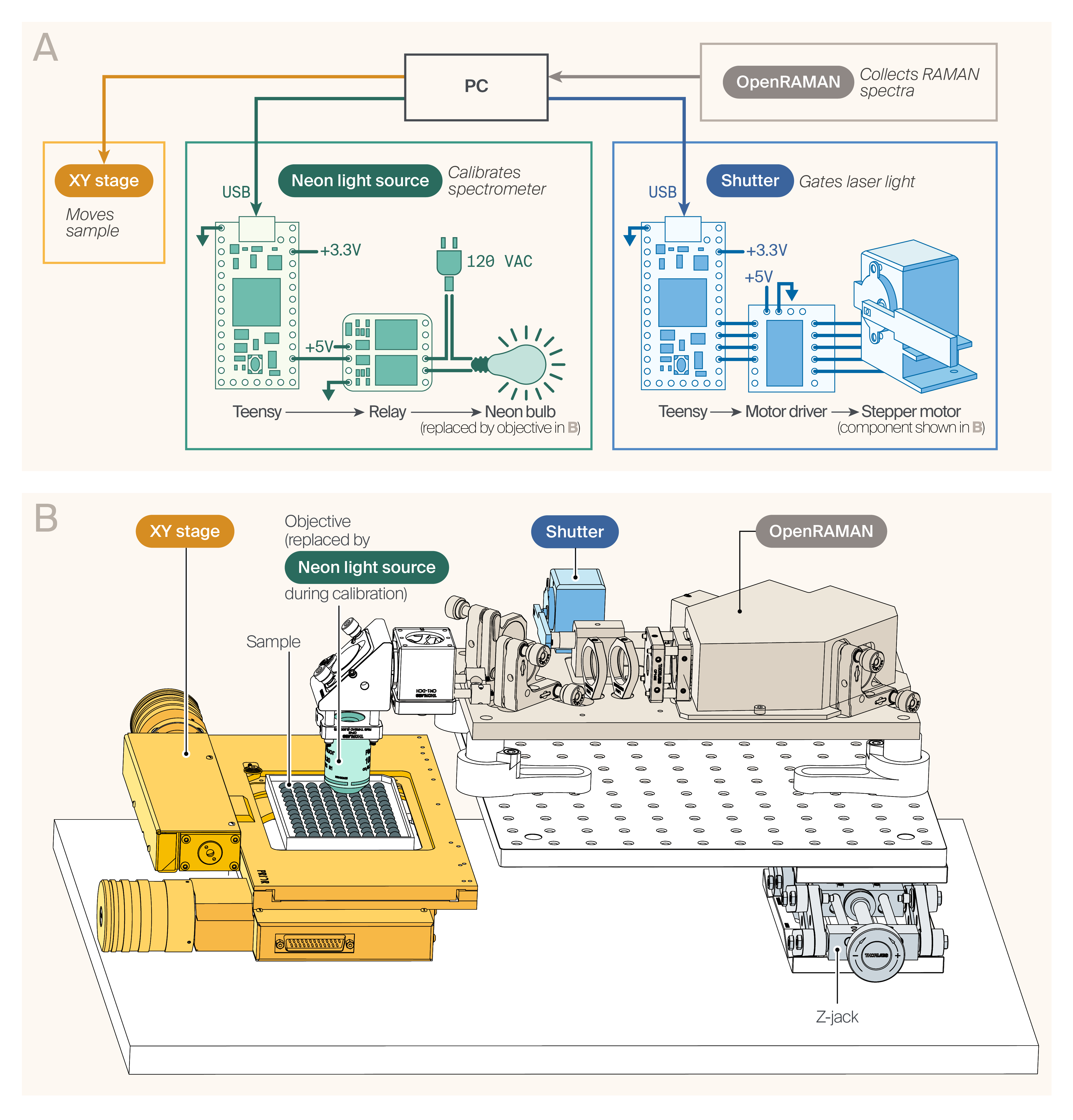 Diagrams of the AutoOpenRaman spectrometer setup where the schematic (A) and hardware (B) views clarify the system components.
