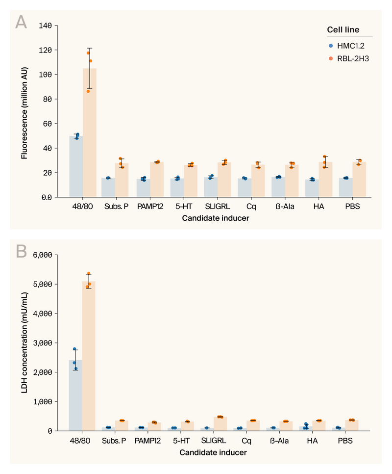 Bar charts of β-hex and LDH activity data in supernatant where 48/80 induces increases in both β-hex and LDH signal, while other inducers don't impact either.