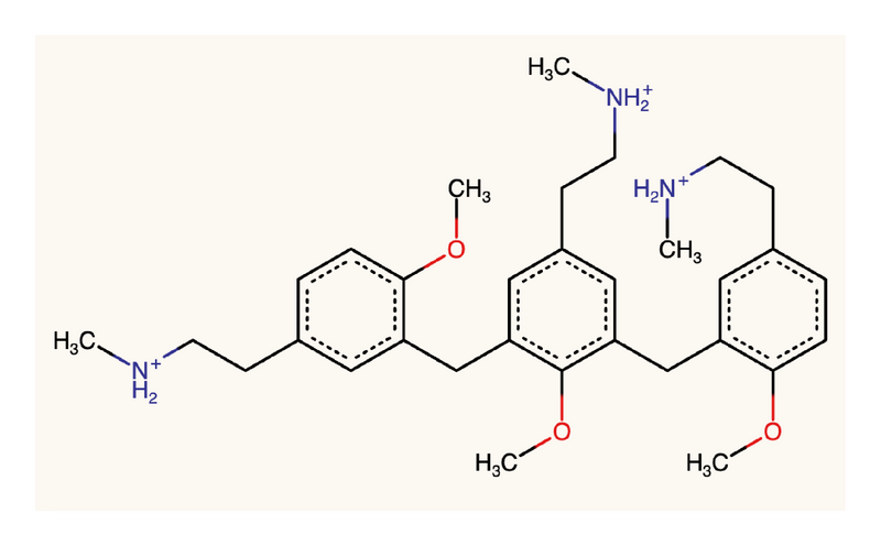 Chemical structure of a 48/80 trimer, which has an amphipathic structure that includes both hydrophobic phenyl rings and positively charged amines.